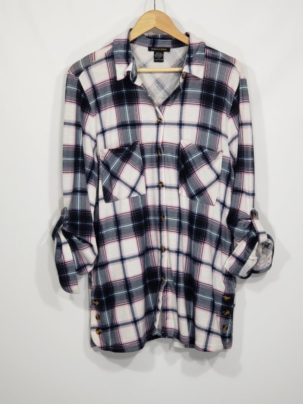 Robert Louis  Blue Pink Plaid  Button Down Shirt Tunic Blouse  Women's 1X